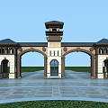 European Style Entrance Gate With Double Archways Tower And Decorative Details
