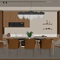 Modern Restaurant Interior With Dining Table White Chandelier Wooden Cabinets And Brown Beige Chairs