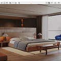 Modern Bedroom Interior Design With Upholstered Headboard Nightstands Table Lamps And Blue Armchair