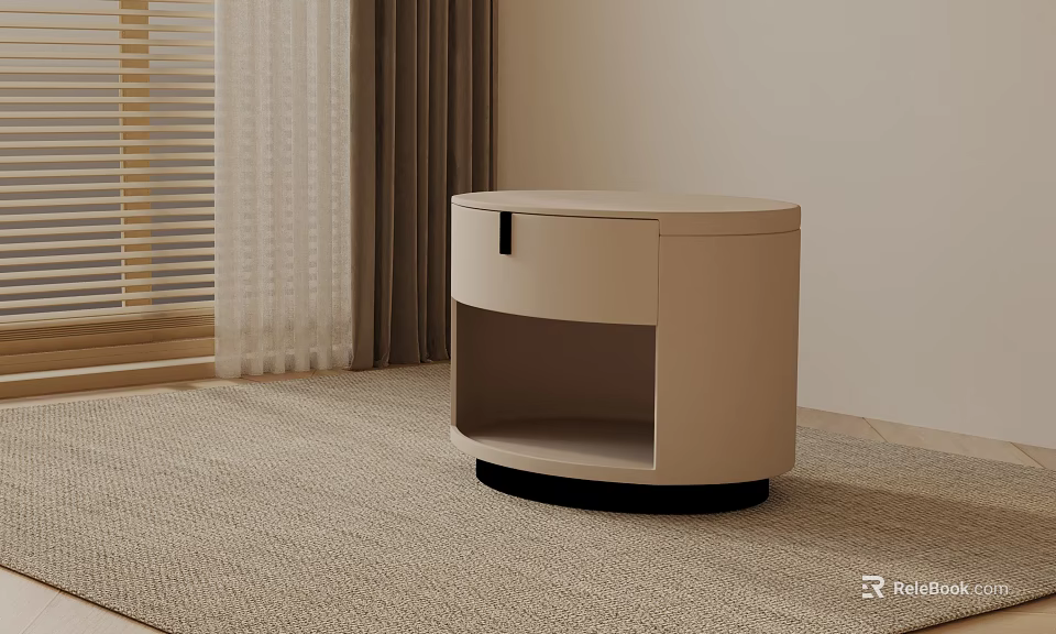 Modern Beige Side Table With Drawer And Black Base On Carpet Near Curtains And Blinds 3d model 