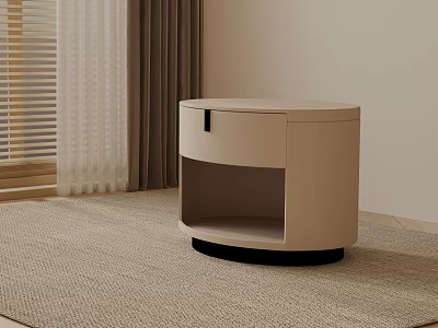 Modern Beige Side Table With Drawer And Black Base On Carpet Near Curtains And Blinds 3d model