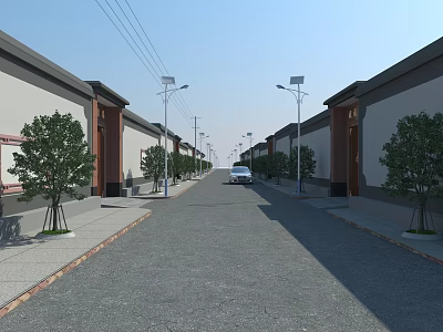 Scenic Chinese Traditional Commercial Street with Buildings Street Lamps Trees and Parked Car 3d model