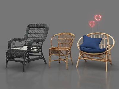 Stylish Rattan Leisure Chairs With Various Designs And Blue Cushion Neon Heart Decor 3d model