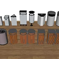 Various Modern Trash Bins With Different Designs And Materials On Wooden Floor