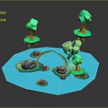 Low Poly 3D Scene With Blue Water Green Trees Orange Trunks Bridge And Stones