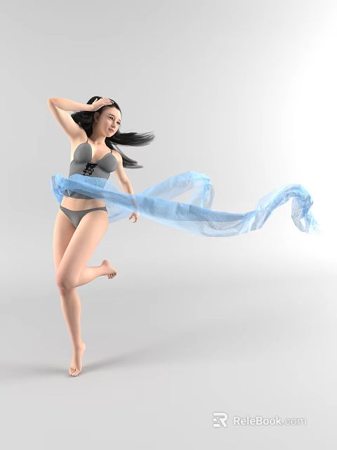 Woman in Gray Bikini Waving Blue Flowing Fabric While Running Against White Background 3d model 