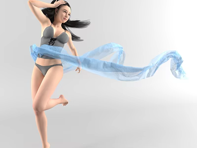 Woman in Gray Bikini Waving Blue Flowing Fabric While Running Against White Background 3d model