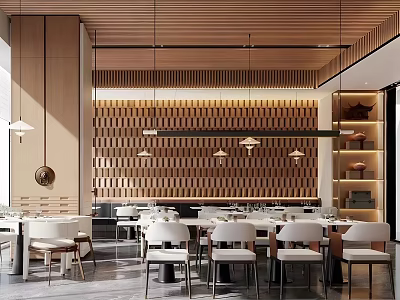 Modern Restaurant Interior With Wooden Ceiling Slat Wall Design Pendant Lights And White Dining Furniture 3d model