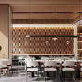 Modern Restaurant Interior With Wooden Ceiling Slat Wall Design Pendant Lights And White Dining Furniture