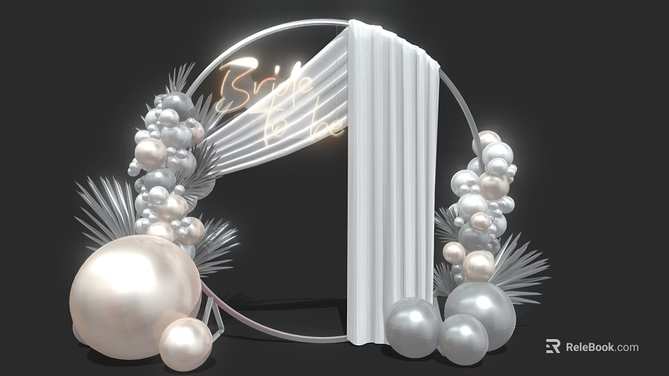 Elegant Decorative Balloons With Pearls Circular Frame And White Curtains 3d model 