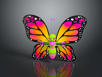 Colorful Spotted Butterfly Character With Green Body And Vibrant Wings Reflection 3d model