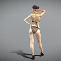 Woman in Black Lace Bikini Posing with High Heels on Gray Background