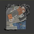 Cartoon Scene of Colorful Houses on Rock with Small Bridge and Boats in Water