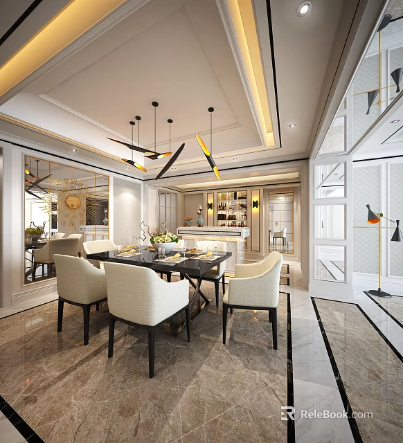 Elegant Modern Restaurant Interior Design With Dining Table Chairs And Hanging Chandeliers 3d model 