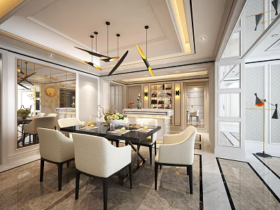 Elegant Modern Restaurant Interior Design With Dining Table Chairs And Hanging Chandeliers 3d model