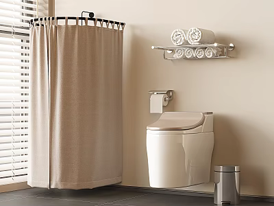 Bathroom Accessories Including Shower Curtain Toilet Paper Holder Towel Rack With Towels And Trash Can 3d model