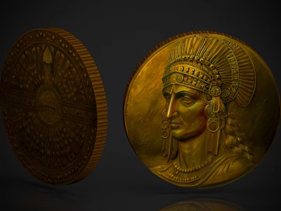 Decorative Gold Coin With Intricate Patterns And Headdress Portrait On Two Sides 3d model