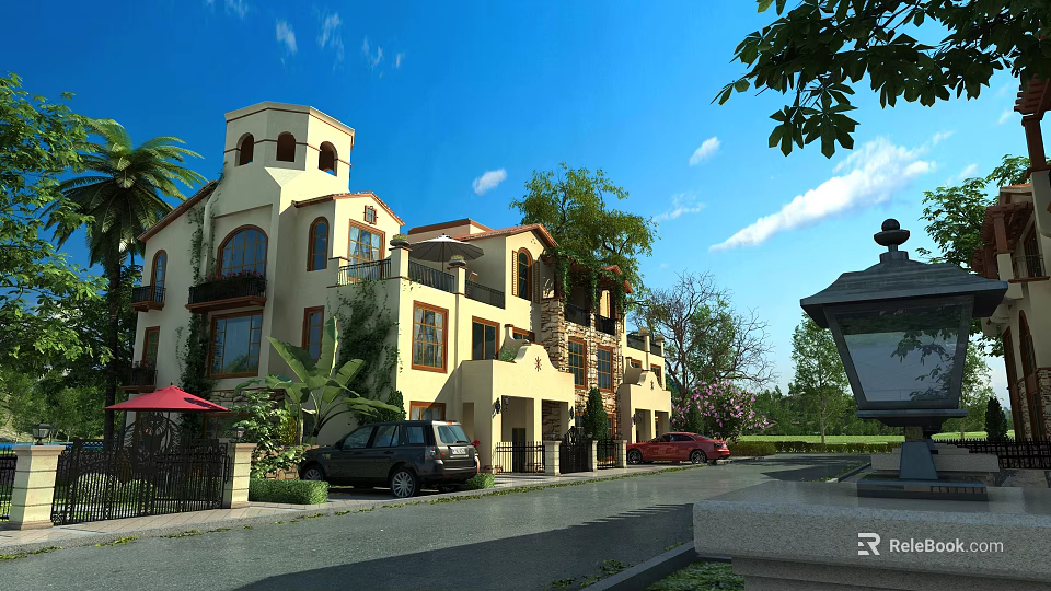 Mediterranean Style Detached Villa With Tower Balconies Arched Windows And Trees Along Driveway With Parked Cars 3d model 