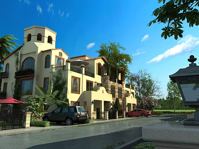 Mediterranean Style Detached Villa With Tower Balconies Arched Windows And Trees Along Driveway With Parked Cars 3d model