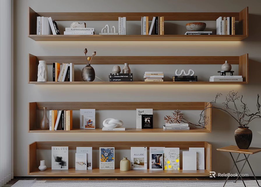 Elegant Decorative Ornaments Set Display On Wooden Shelves With Books Vases And Sculptures 3d model 