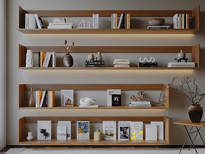 Elegant Decorative Ornaments Set Display On Wooden Shelves With Books Vases And Sculptures 3d model