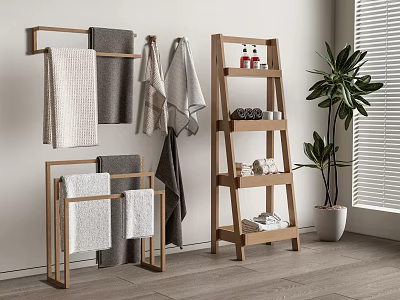 Stylish Towels Displayed On Wooden Wall And Floor Racks In Home 3d model