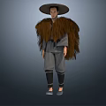 A Man With Large Straw Hat Brown Furry Shawl Gray Clothing And Two Different Angles