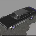 Classic Dark Blue Muscle Car With Gray Roof And Purple Rims On Gravel Surface