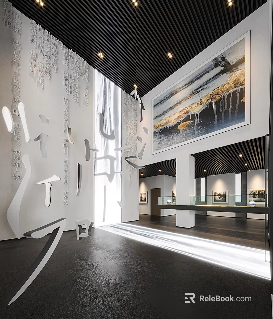 Modern Art Gallery Interior With Large Painting Sculptural Installation And Natural Light 3d model 