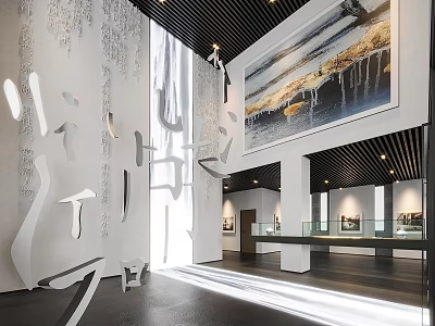 Modern Art Gallery Interior With Large Painting Sculptural Installation And Natural Light 3d model