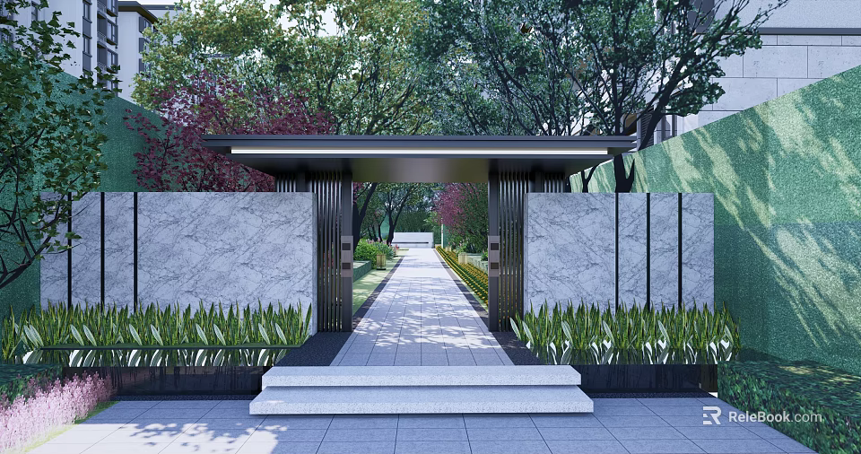 Modern Entrance Gate With Marble Walls Metal Frames Green Plants Trees And Pathway 3d model 