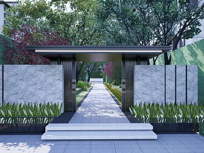 Modern Entrance Gate With Marble Walls Metal Frames Green Plants Trees And Pathway 3d model