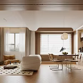 Elegant Open Living Dining Area With Beige Sofa Wooden Flooring Geometric Rug And Pendant Lights