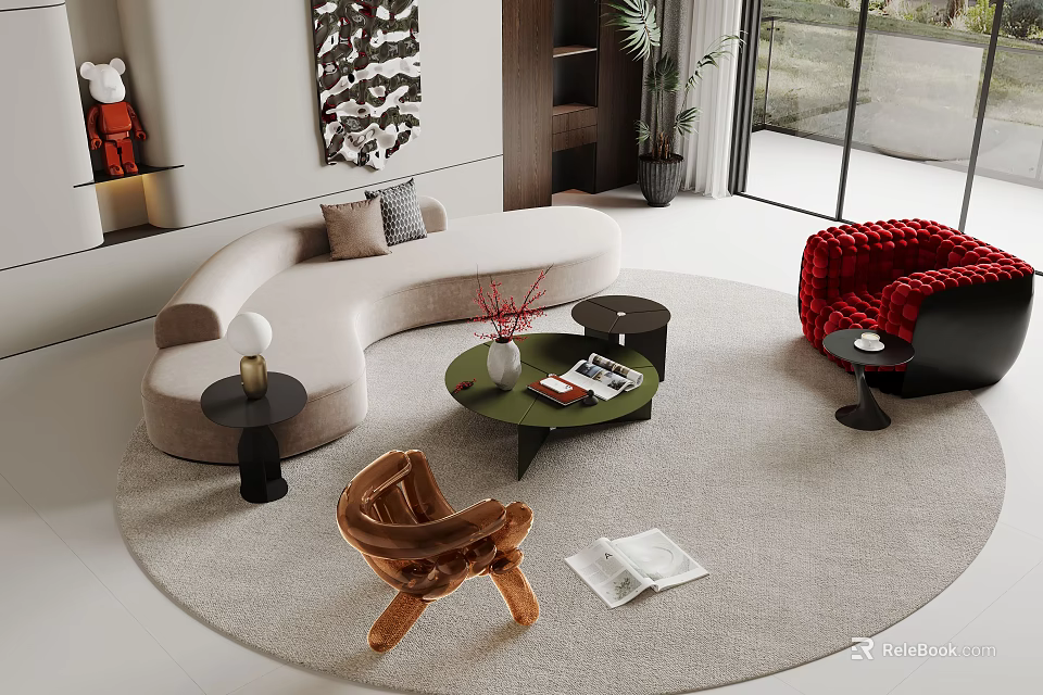 Modern Living Interior With Curved Beige Sofa Green Coffee Table And Red Armchair Round Rug 3d model 