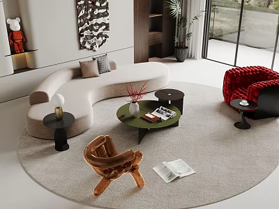 Modern Living Interior With Curved Beige Sofa Green Coffee Table And Red Armchair Round Rug 3d model