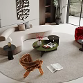 Modern Living Interior With Curved Beige Sofa Green Coffee Table And Red Armchair Round Rug