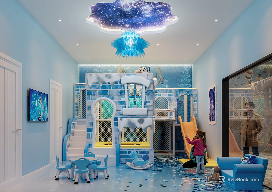 Enchanting Indoor Playground with Snow Castle Slide Starry Ceiling Decor for Kids 3d model 