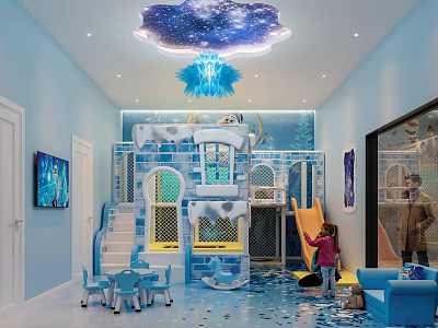 Enchanting Indoor Playground with Snow Castle Slide Starry Ceiling Decor for Kids 3d model