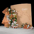 Brown Backdrop With LOGO Floral Arrangement And Decorative Tree Like Structure 3d model