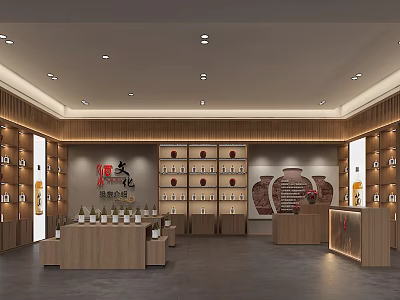Traditional Chinese Specialty Store Interior With Wooden Shelves Displayed Jars Counter And Elegant Decor 3d model