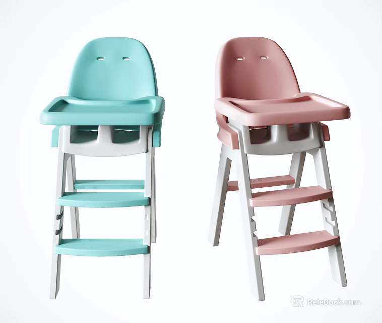 Blue and Pink Children's High Chairs with Tray and Step Design for Kids 3d model 