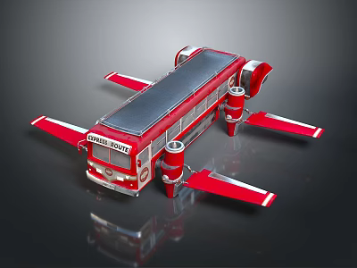 Solar Powered Red Flying Vehicle With Bus Design And Wings For Space Travel 3d model