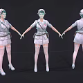 Woman Nurse In Uniform With Cap Bag Stockings And High Heels From Different Angles