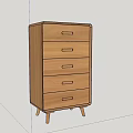 Natural Wooden Chest of Drawers with Five Drawers Against Floral Wallpaper and Gray Marble Floor