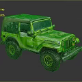 Green Custom Jeep With Open Top Large Off Road Tires And Unique Graphics