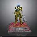 Poseidon Aristaeus Statue With Golden Armor Blue Hair And Pink Flower Base