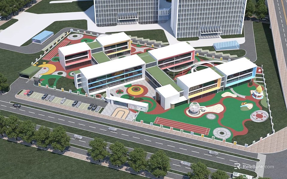 Modern Colorful School Building Design With Classroom Wings Playground Green Areas And Sports Field 3d model 