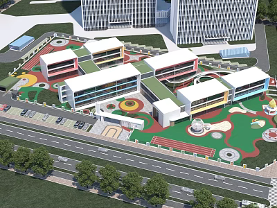 Modern Colorful School Building Design With Classroom Wings Playground Green Areas And Sports Field 3d model