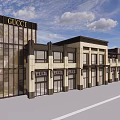 Modern Commercial Street Facade with Large Windows and Storefronts Featuring CELE Signboards on Building Exteriors