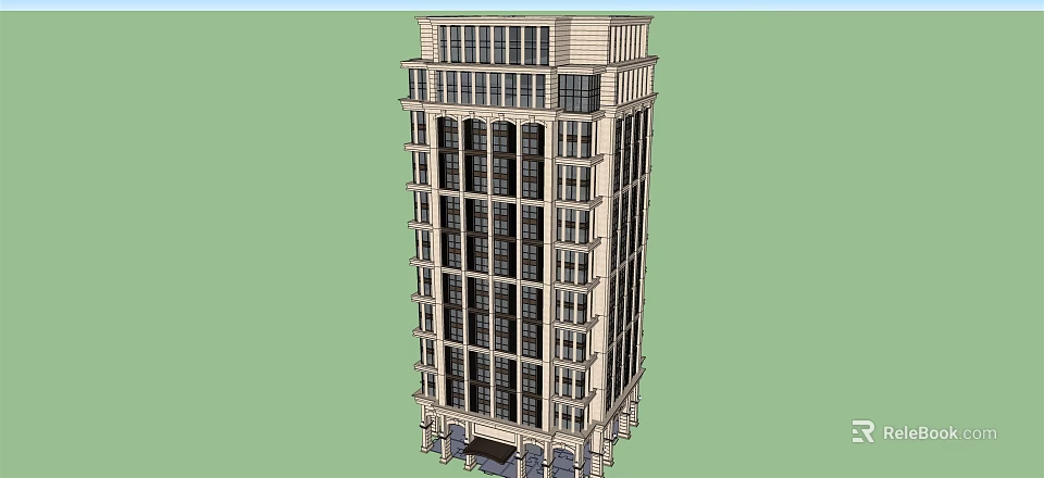 Tall Modern High Rise Building Exterior Design With Glass Windows And Stone Facade 3d model 
